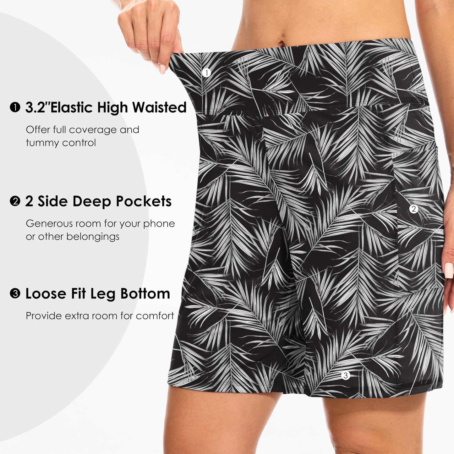 Blouty Women's 7" Bermuda Shorts with Pockets High Waisted Stretch Athletic Long Shorts for Women Workout Casual (Palm Leaf, Large)