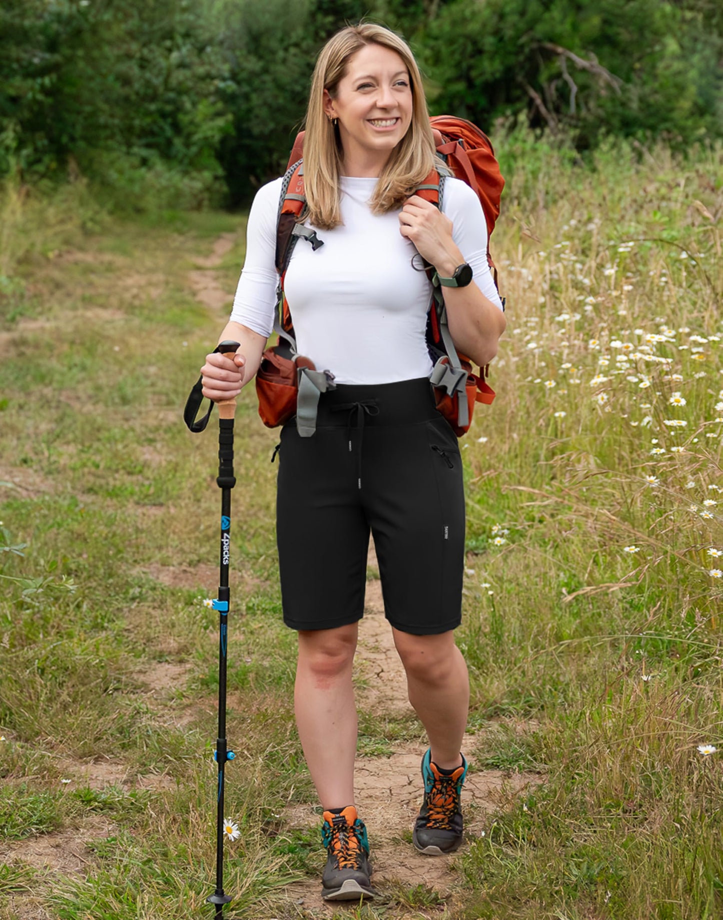 SANTINY Women's 9" Hiking Shorts with 3 Zipper Pockets Lightweight Quick Dry Long Shorts for Women Athletic Travel (Black_XL)