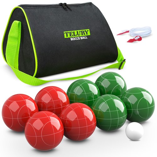 TELURY 100mm Bocce Ball Set Regulation Size and Weight for Lawn, Beach Bocci Game for 2-8 Players (Red and Green)