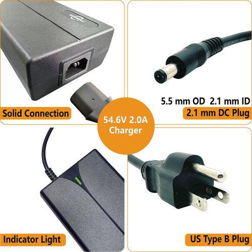 Syvrac 54.6V 2A Charger for 48V Lithium Batteries - E-Bike/Scooter/Hoverboard Charger，UL & FCC Certified with US Plug, DC 5.5x2.1mm Connector, Fast Charging & Overload Protection