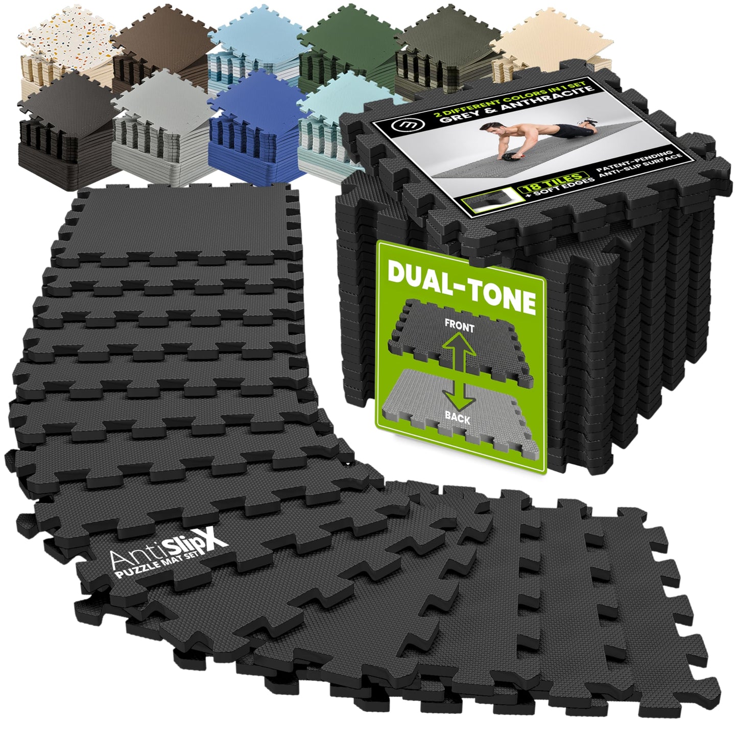 bemaxx Gym Mats Set - 18 pcs EVA Interlocking Foam Floor Tiles (12.6"x12.6"x0.4") 18sqft Protective Gym Flooring Sports Home Workout Exercise Mats Puzzle Garage Fitness Play-Room Pool Treadmill Bike