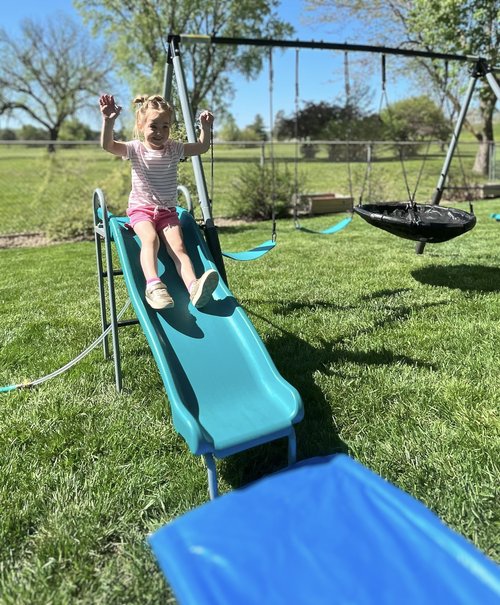 Lark Water Slide Swing Set with 6 Ft Water Tarp, Disc Swing, 2 Sling Swings, 3-Seat Merry Go Round with Adjustable Heavy Duty Ropes, 16-Gauge Weather Resistant Steel Frame (Benton)