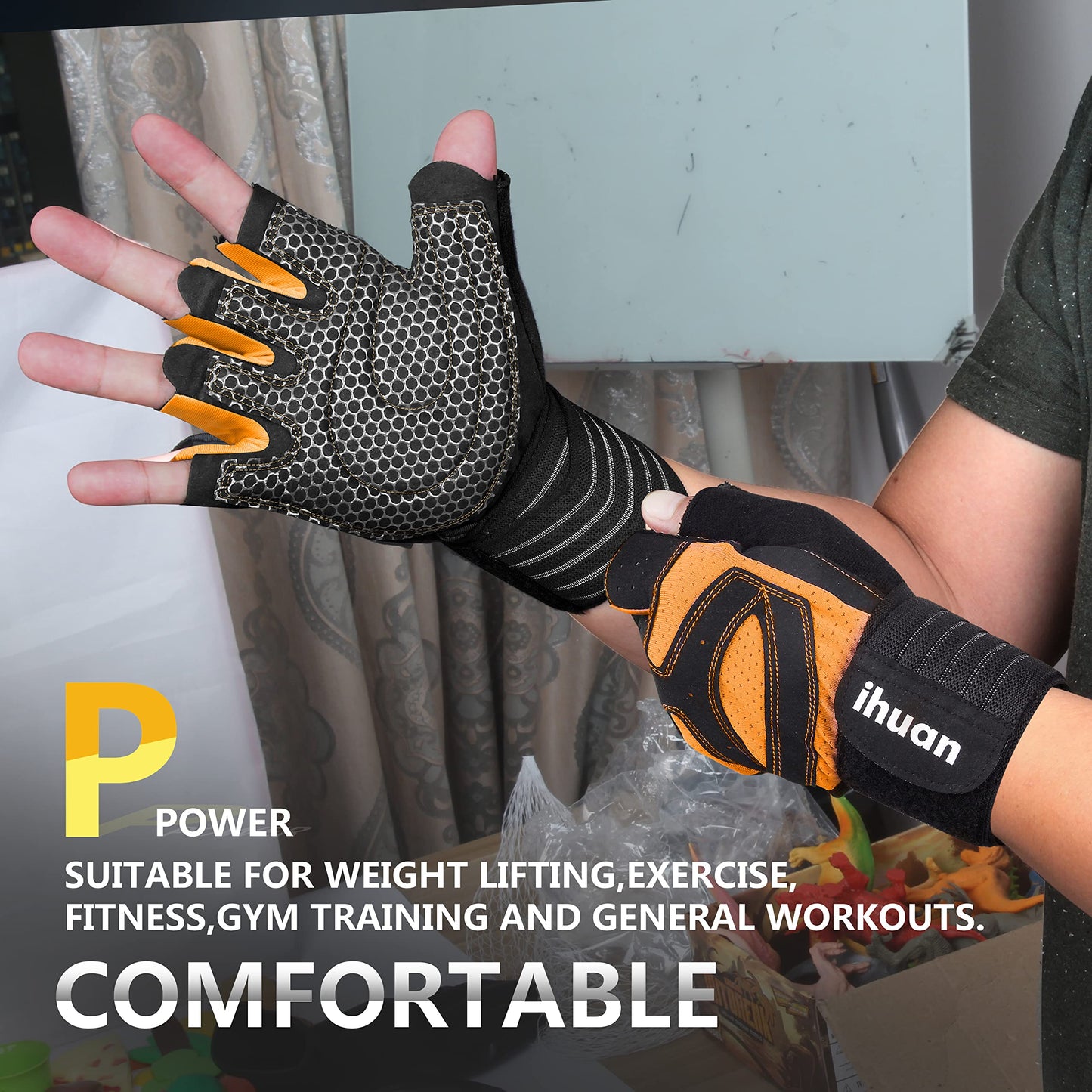 ihuan Ventilated Weight Lifting Gym Workout Gloves with Wrist Wrap Support for Men & Women, Full Palm Protection, for Weightlifting, Training, Fitness, Hanging, Pull ups (Orange, M)
