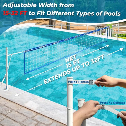 Fastoss Base Free Pool Volleyball Net Set - Deck Mounted for Inground Pools - Adjustable Heavy Duty Net with Rustproof Poles & Tear-Resistant Design - Includes 2 Waterproof Balls for Swimming Pools