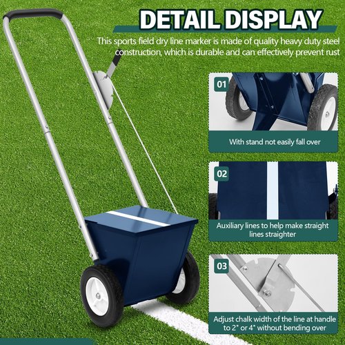 PullCrease 25 Pound Capacity Blue Baseball and Softball Field Dry Line Chalker, Wheeled Heavy Duty Steel Infield Dry Line Marker Machine, Standard Athletic Field Chalk Line Machine 2" to 4" Lines