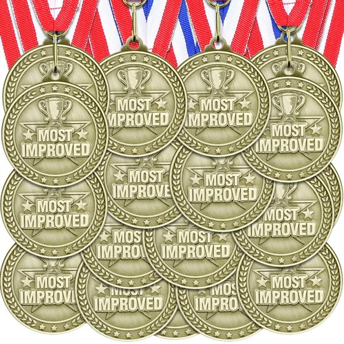 Loetere 24 Pcs Most Improved Medals Bulk 2'' Most Improved Player MIP Award Medals with Neck Ribbons Trophy Award Prize Gift for Volleyball Soccer Football Sports Events Games Competition Talent Show