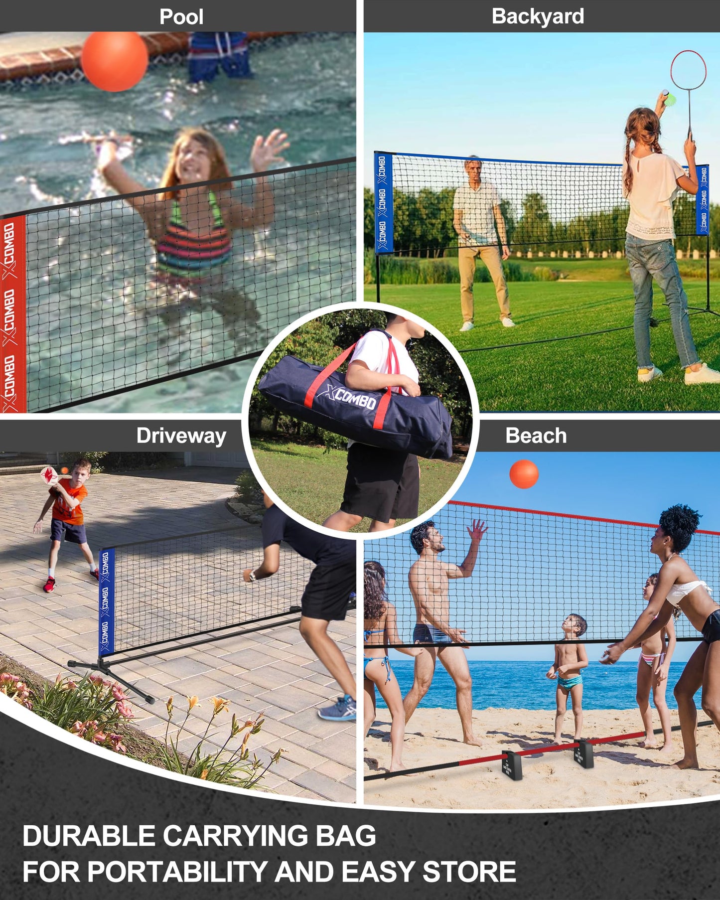 JOLORLY Badminton Sets for Backyards, Kids Volleyball Pickleball Combo Set with Net, Adjustable Width and Height (13.5ft/20ft Width x 7ft max Height) Portable Freestanding Rackets Set