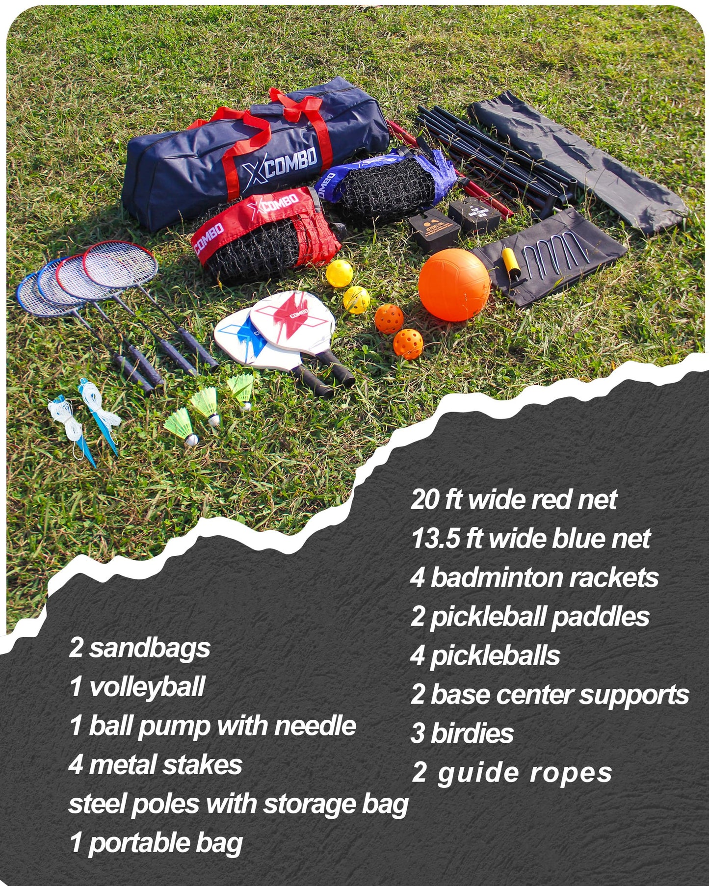 JOLORLY Badminton Sets for Backyards, Kids Volleyball Pickleball Combo Set with Net, Adjustable Width and Height (13.5ft/20ft Width x 7ft max Height) Portable Freestanding Rackets Set