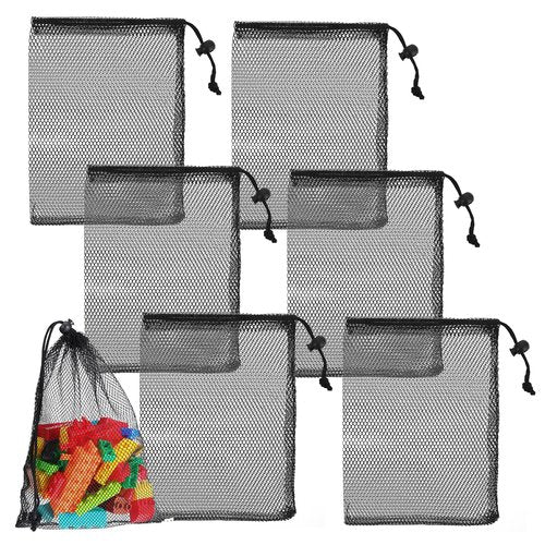 6 PCS Black Mesh Drawstring Bags, 7.87 X 11.81 Inch Portable Nylon Storage Bags, Black Mesh Bag Drawstring for Jewelry Beach Collecting Gifts Travel Sports Storage