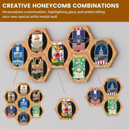 MLCLL Medal Hanger Display - Honeycomb Design, Bamboo Medal Holder, Easy No-Drill Adhesive Mounting, Stylish Wall-Mounted Medal Rack