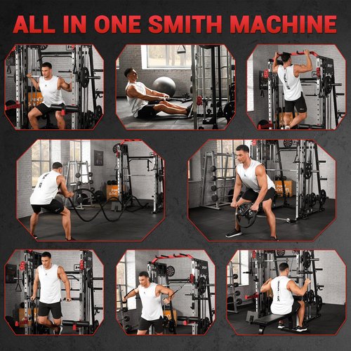 Smith Machine for Home Gym, Multifunctional Strength Training Power Cage with T Bar, Lat-Pull Down System and Cable System, 2200 Lbs Squat Rack with More Training Attachment, Black and Red