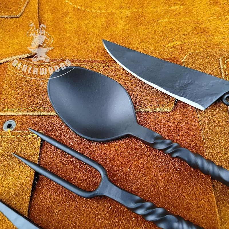 Hand Forged Viking Cutlery Set with Leather Pouch - Black Variation
