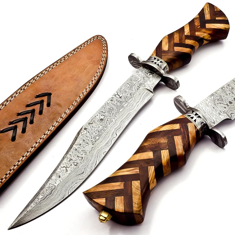 Damascus Fixed Blade Hunting Knife with Rosewood Handle & Leather Sheath – 15in Overall