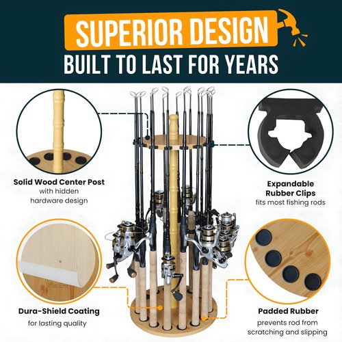 Rush Creek Creations Round 16 Fishing Rod Storage Rack - Features Traditional Handcrafted Wood Post - No Tool Assembly, Wood Grain Laminate