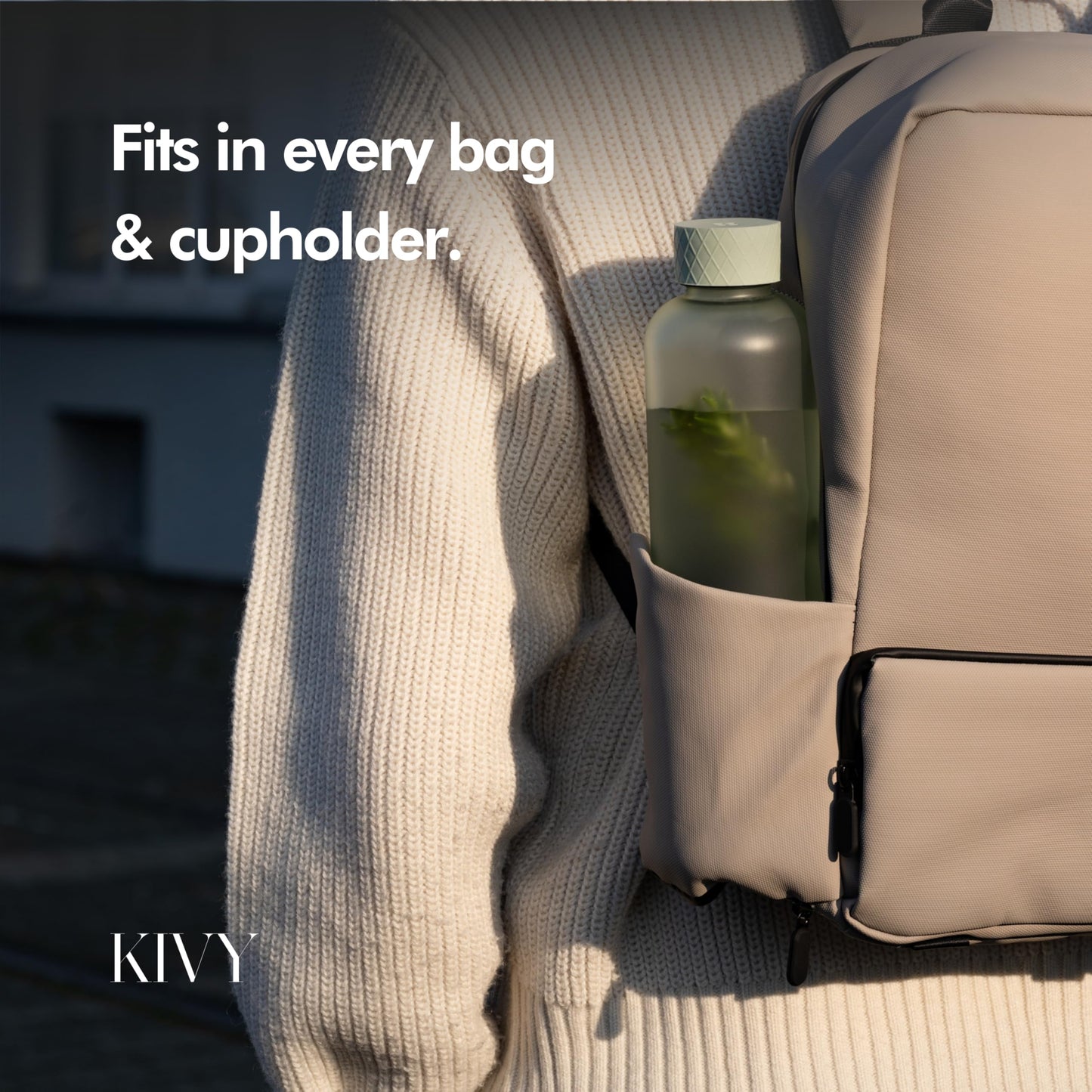 KIVY Slim Water Bottle 32oz [Lightweight & Shatterproof Tritan] Fits Backpack & Cupholder for Travel, Sports, School, Gym - Clear water bottle with measurements - Transparent Beige - Dishwasher Safe