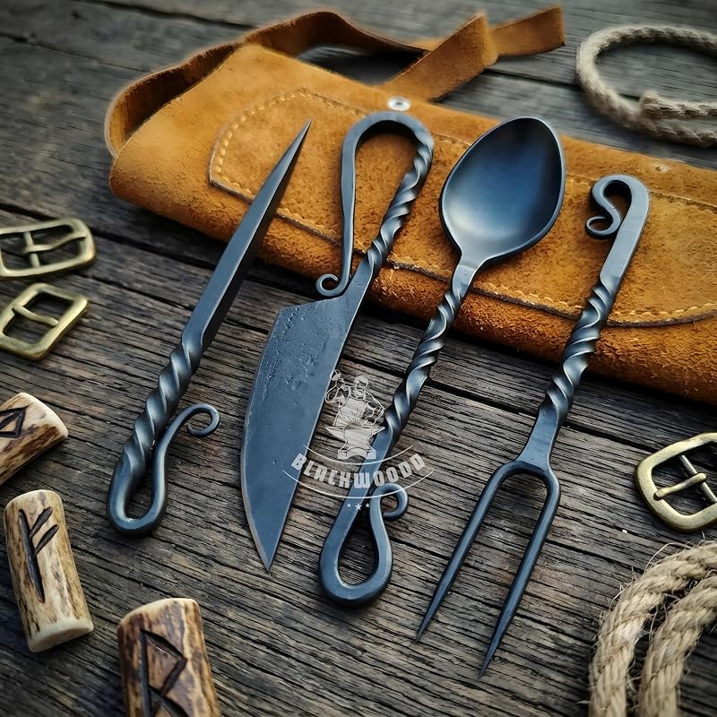 Hand Forged Viking Cutlery Set with Leather Pouch - Black Variation