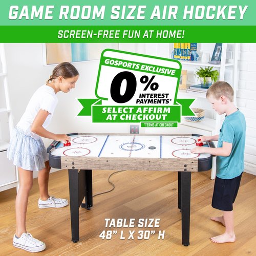GoSports 48 Inch Air Hockey Arcade Table for Kids - Includes 2 Pushers, 3 Pucks, AC Motor, and LED Scoreboard - Oak or Black