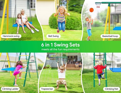 6-in-1 Swing Set for Backyard, Heavy Duty Metal Toddler Outdoor Swing Set Playset, Includes Basketball Hoop, 2 Swings, Trapeze Bar, Climbing Ladder and Nets