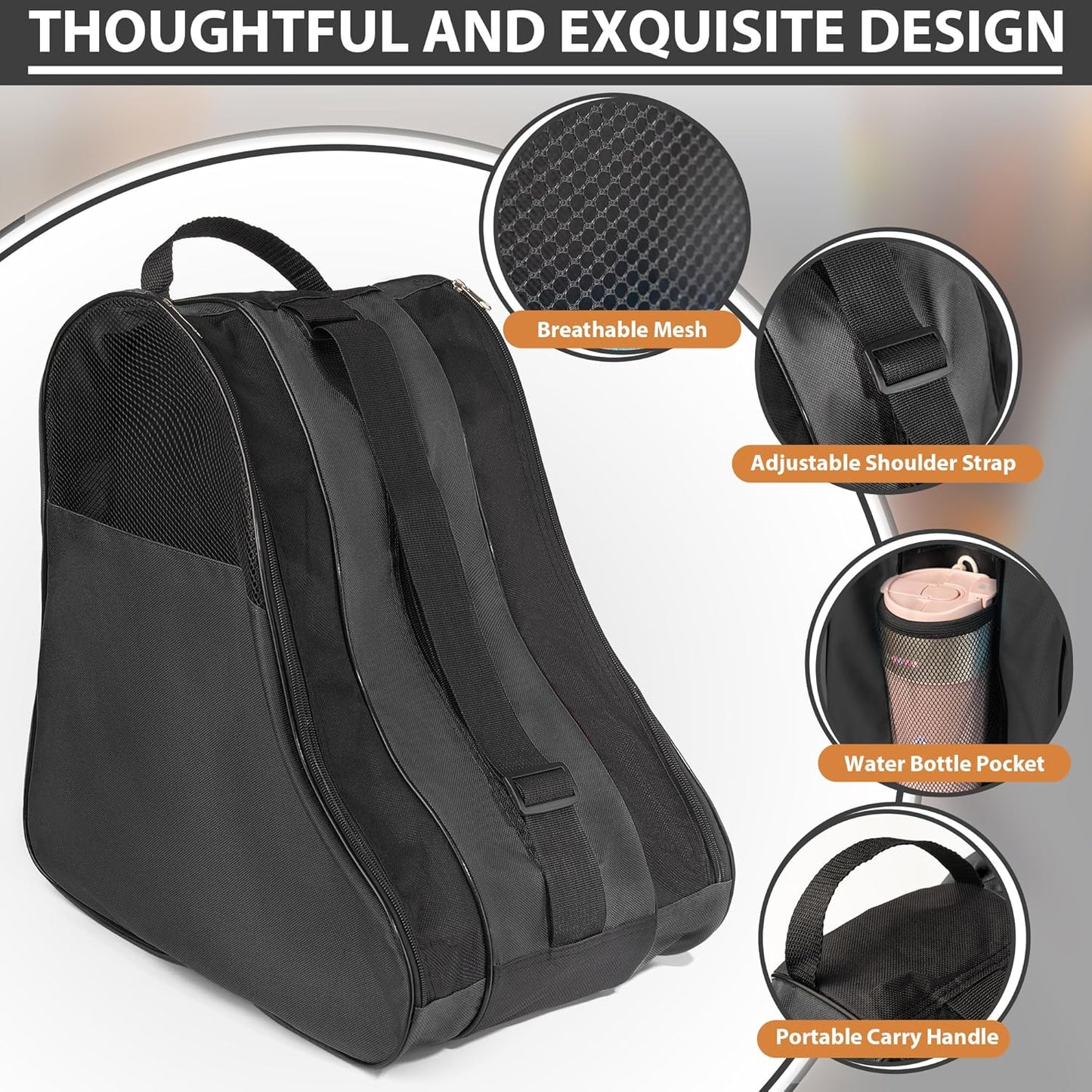 Ice Skate Bag, Large Capacity Roller Skate Bag for Both Kids and Adults, Breathable Figure Skating Bag with Adjustable Shoulder Strap Fit for Roller, Ice, Inline Skates