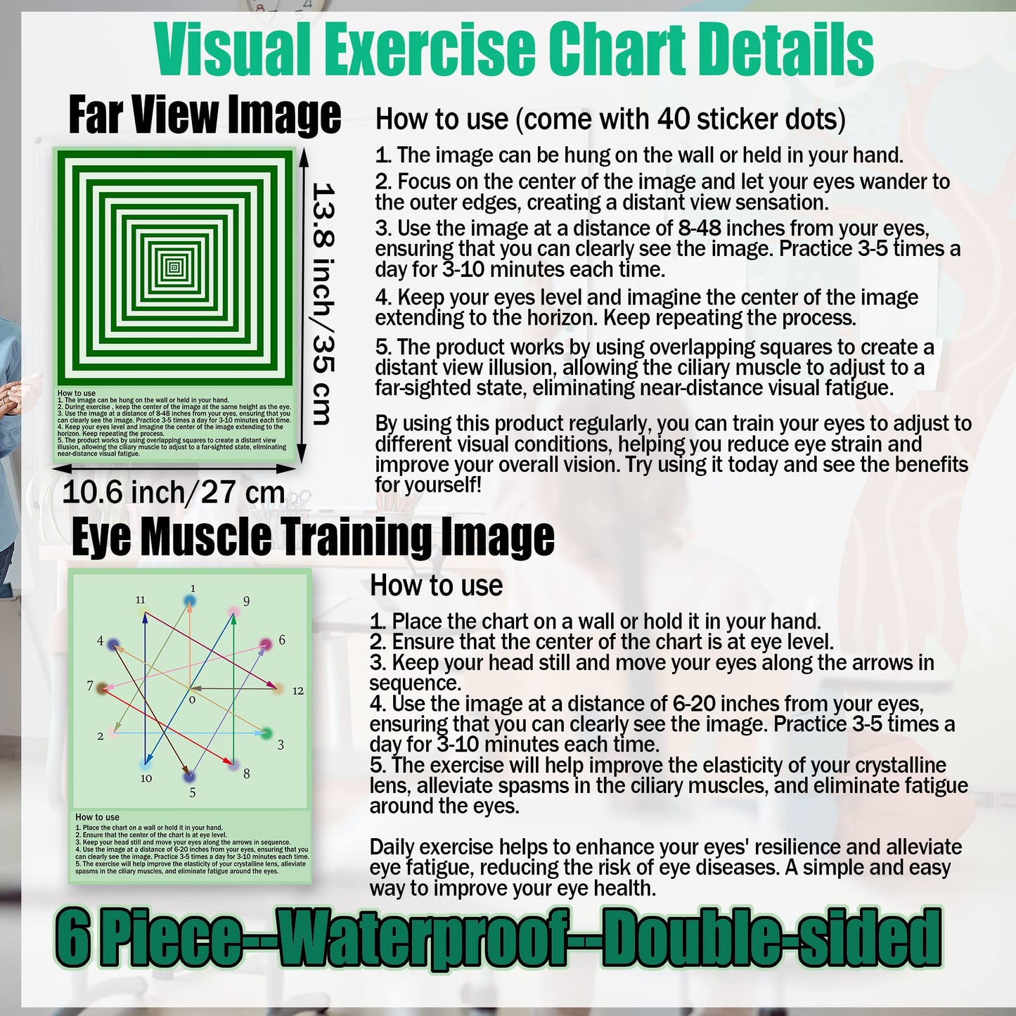 SADIKALO 6-Pack Eye Exercise Chart - Visual Muscle Relaxation Wall Art for Home, School, & Office - Waterproof Posters & Desk Signs