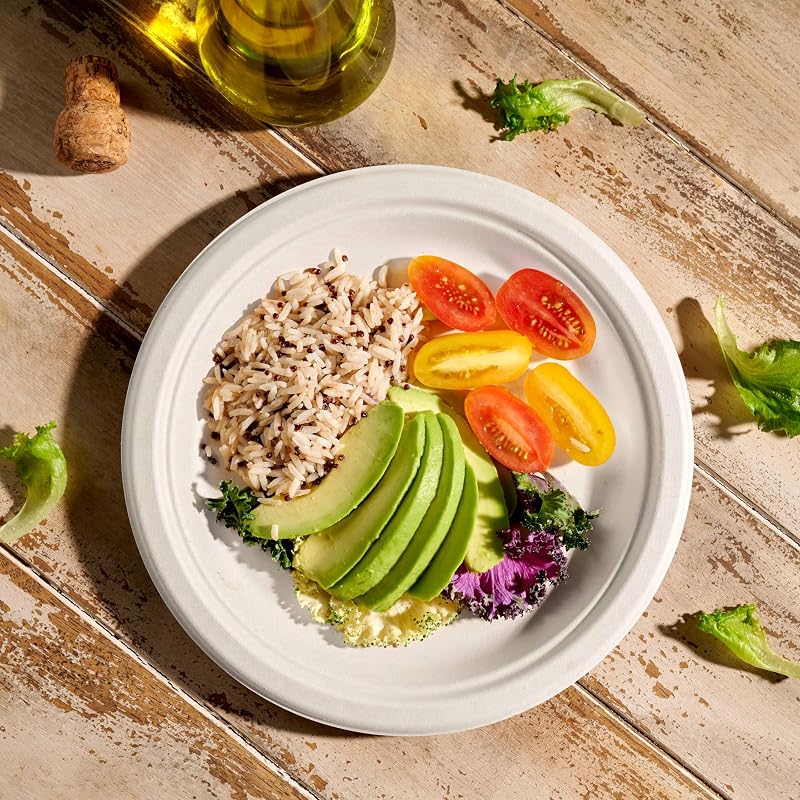 100% Compostable 150 Count 10-Inch Heavy Duty Paper Plates — White, Bagasse, Microwave Safe