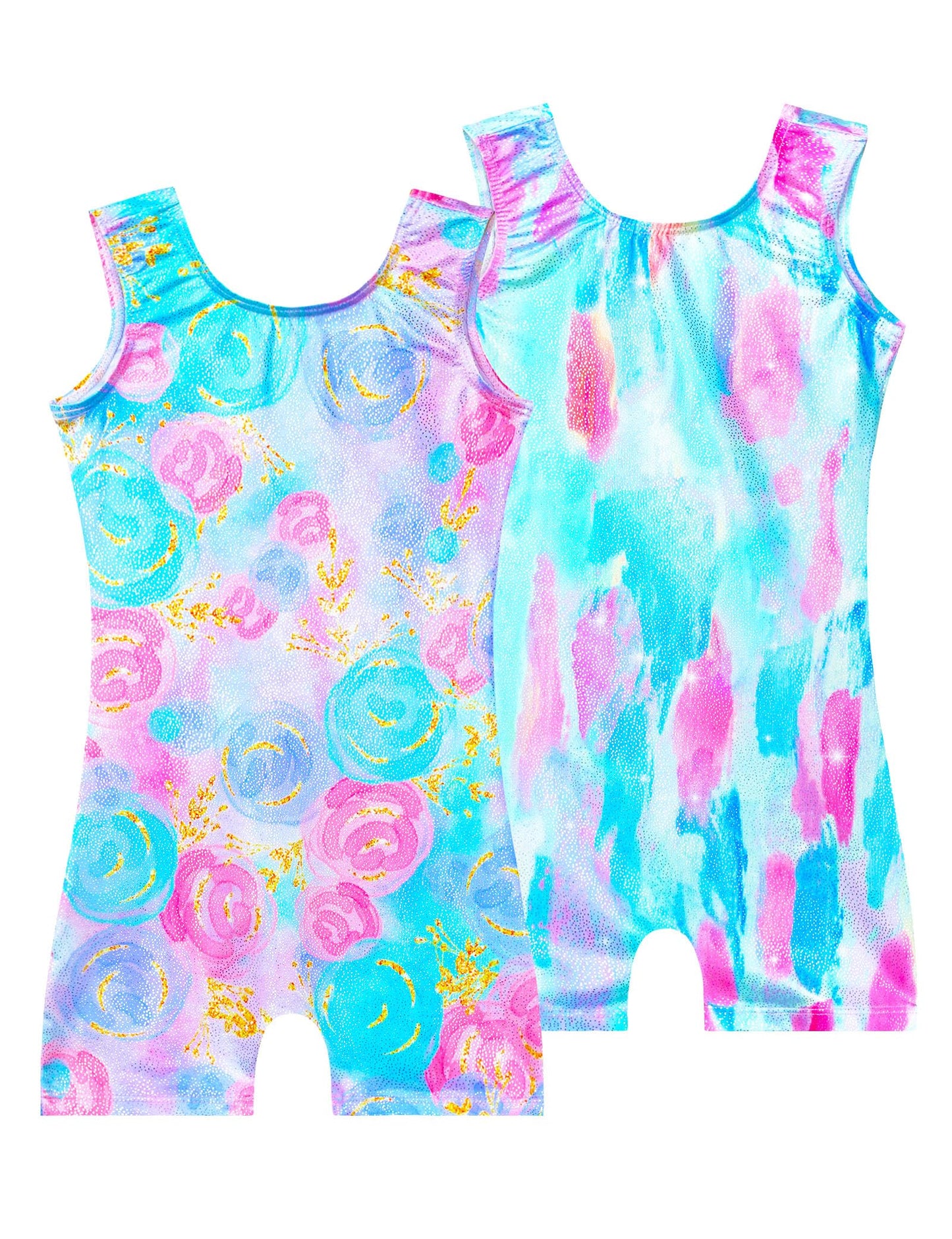 Nokecina Girls Leotards for Gymnastics with Shorts Size 7-8 Years Old Blue Rose Flowers Biketards Unitards Two Pack