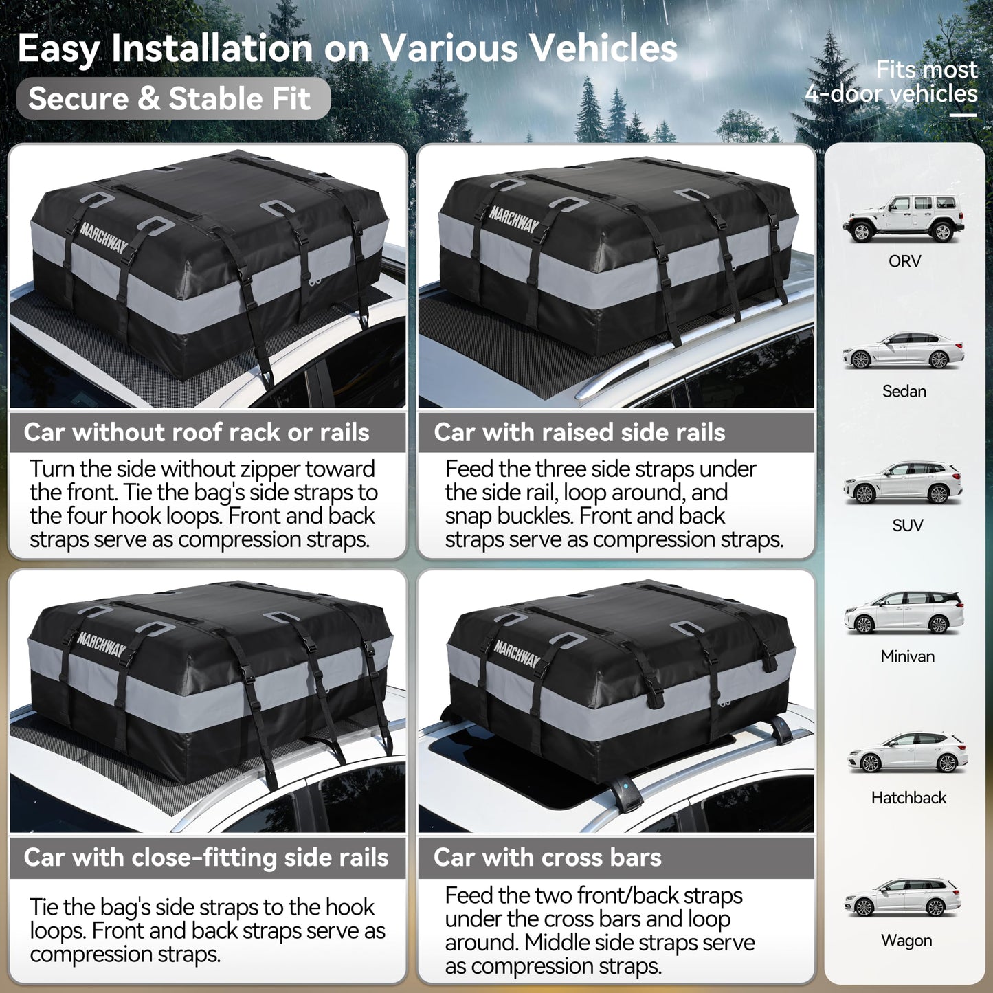 MARCHWAY Waterproof Car Roof Luggage Bag, Weatherproof Soft Shell Rooftop Cargo Carrier Bag for Vehicles with or Without Rack. 6 Door Hooks, Anti Slip Mat, Lock Included (21 Cubic Feet, Black)