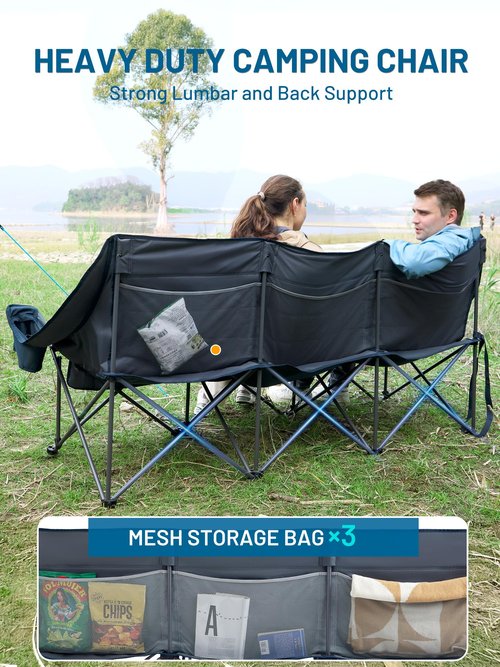 TIMBER RIDGE Padded 3 Person Camping Chair with Cup Holders and Pockets, Outdoor Folding Loveseat Camping Chairs, 1050lbs Capacity Heavy Duty Camp Couch for Outside Picnic, Beach, Lawn, Sports, Blue