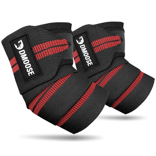 DMoose Fitness Elbow Wraps for Weightlifting (Pair) - 40'' Adjustable Elbow Strap for Gym Workout, Bench Press & Powerlifting - Compression Wraps for Tendonitis & Joint Support (Black Red)