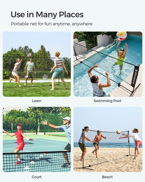 SONGMICS 13 ft Badminton Net, Height Adjustable Volleyball Net, Pickleball Net with Poles, Foldable Nylon Net for Tennis Indoor Outdoor Court, Black USYQ400H