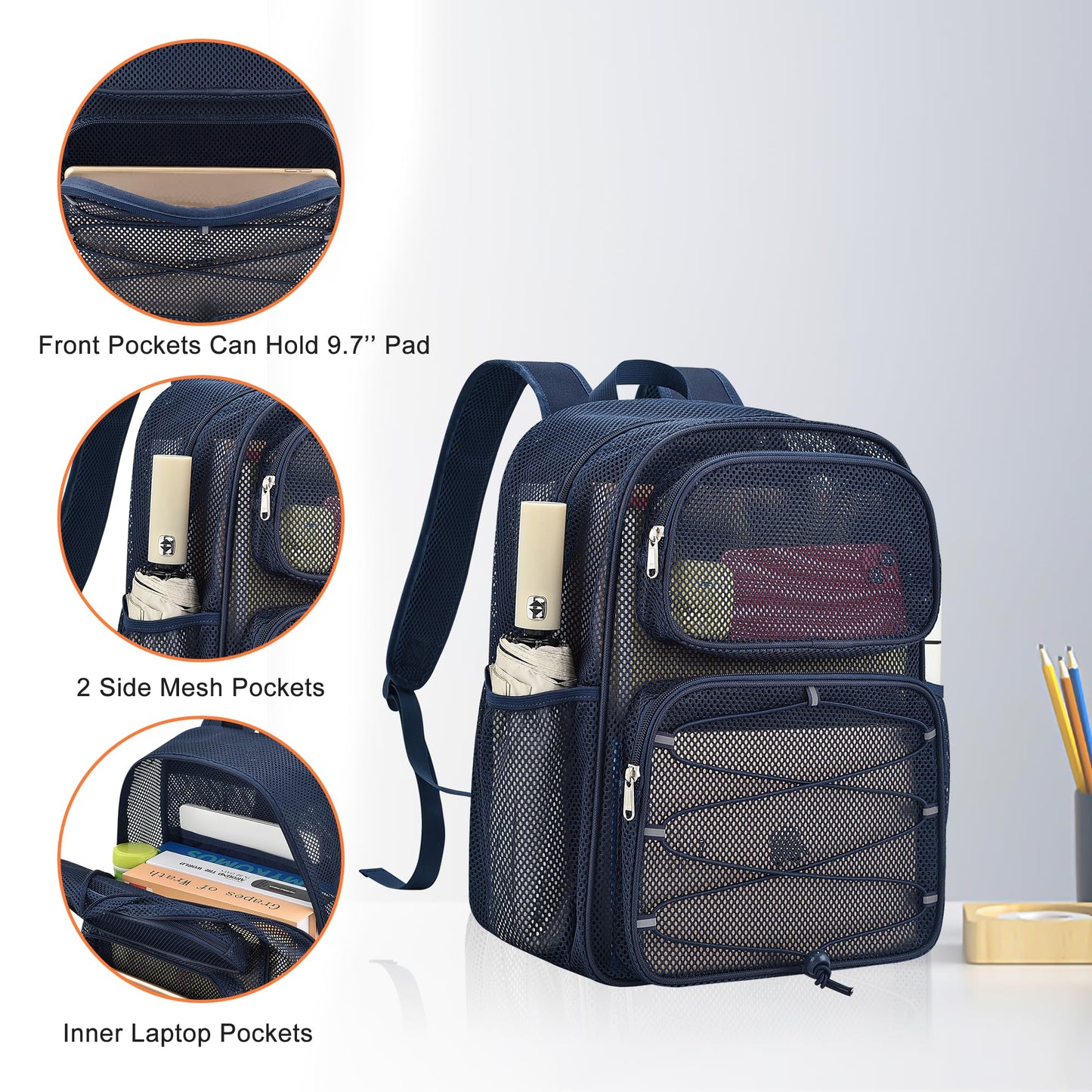 Bagenius Mesh Backpack Heavy Duty See Through Mesh Bag with Paded Strap Large Capacity for Sports Hiking Travel Outdoor Beach, Blue-30L