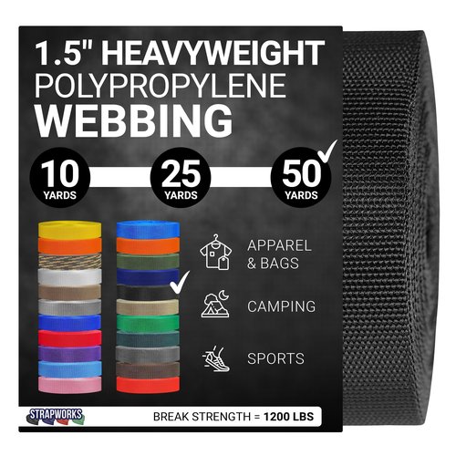 Strapworks Heavyweight Polypropylene Webbing - Heavy Duty Poly Strapping for Outdoor DIY Gear Repair, 1.5 Inch x 50 Yards, Black