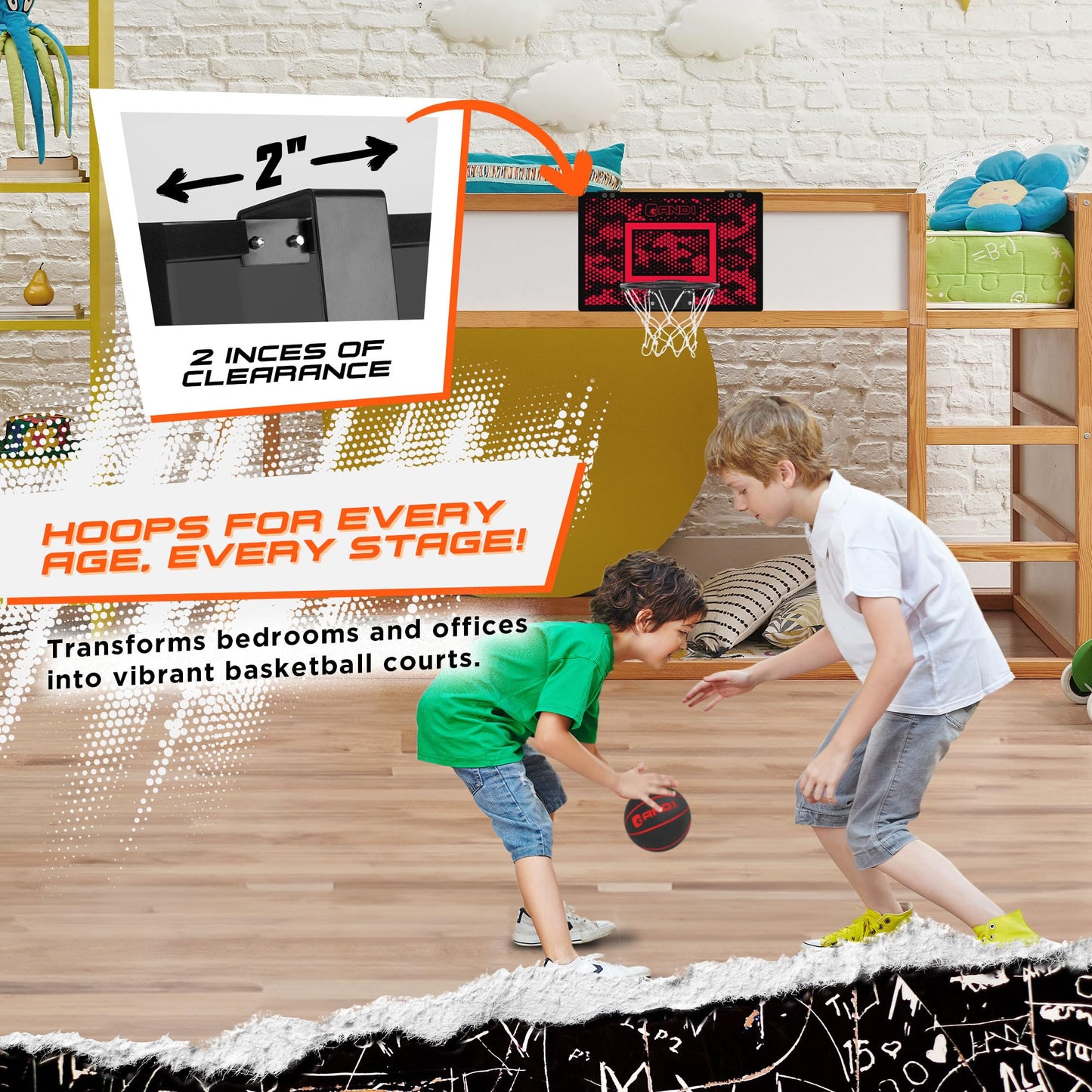 AND1 Mini Basketball Hoop: 18”x12” Pre-Assembled Portable Over The Door with Flex Rim, Includes Two Deflated 5” Mini Basketball with Pump, for Indoor, Red/Black