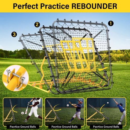 Baseball Rebounder Net 4x4.5FT Pitch Back Baseball Rebounder with Strike Zone & 9-Grid Target Adjustable Pitching Net for Grounders Batting Pitching Fielding Bounce Back Softball Volleyball Soccer Net