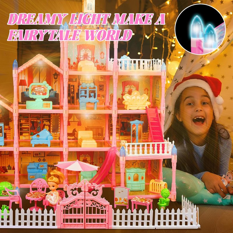 OCTERIC Doll House for Girls,13 Rooms Dollhouse with 2Dolls Figure, Lights, Puppies,Furnitures, Accessories, Toddler Playhouse Gift for for 3 4 5 6 7 8 9 10 Year Old Girls Toys (Pink)