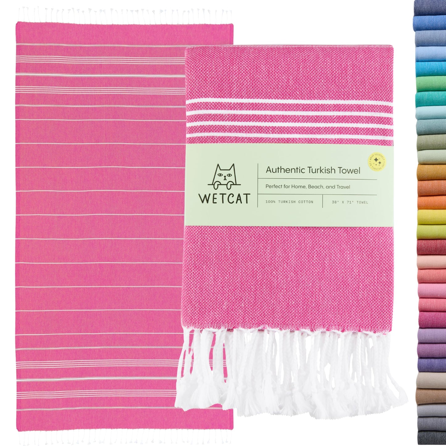 WETCAT Turkish Beach Towel Oversized (38"x71") 100% Turkish Cotton, Made in Turkey - Sand Free, Extra Large, Ultra Soft, Quick Drying, Compact & Lightweight for Travel - Fuchsia