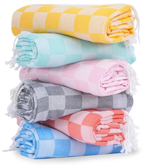 6 Packs Turkish Beach Towel Vacation Essentials Blanket Set Pool Bath Towels Bulk Multipack Travel Sand Free Quick Dry Extra Large Oversized Cute Big Soft Lightweight Compact Checkered Cloud Women