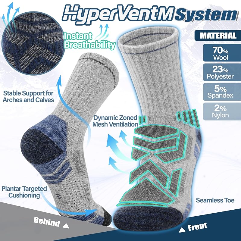 ANTsang Merino Wool Hiking Socks, Enhanced Breathability 5-Pair Set - Blue/Gray/Black, Large