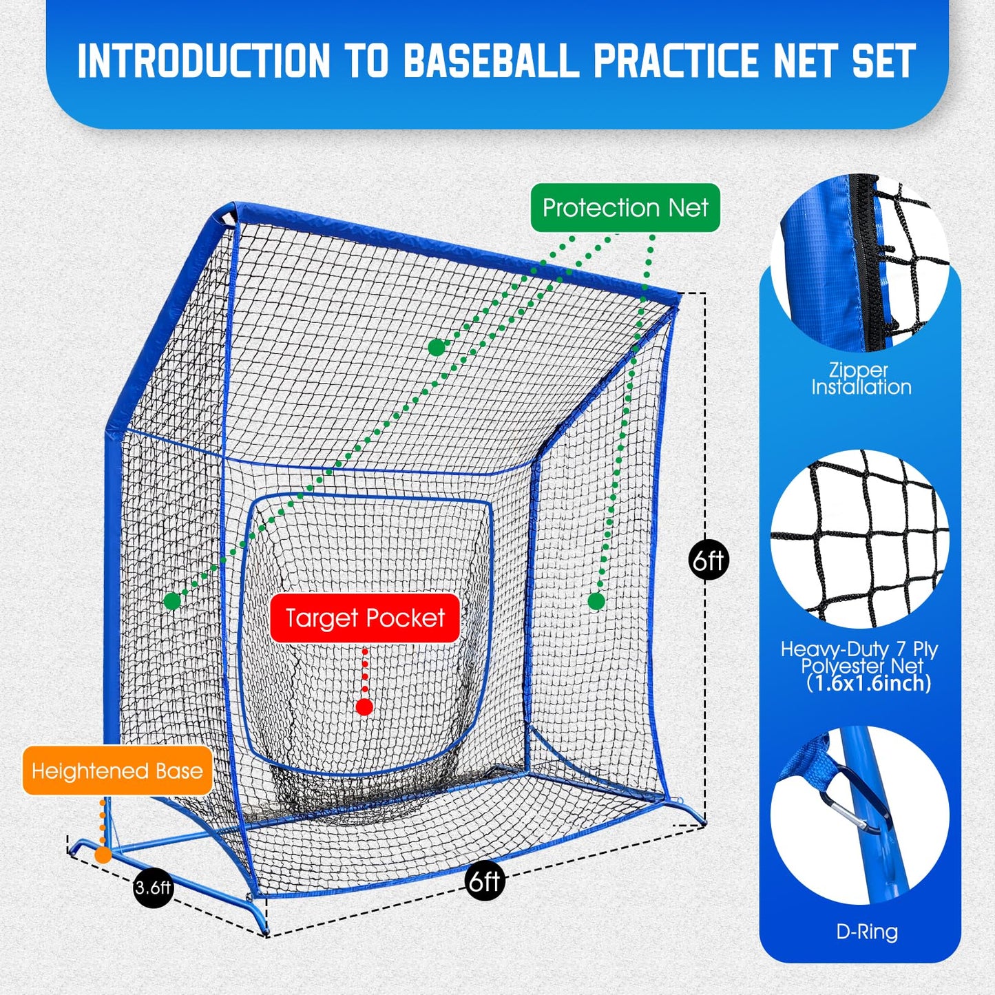 Baseball Softball Net with Blocking System, 6x6ft Batting Cage Practice Net
