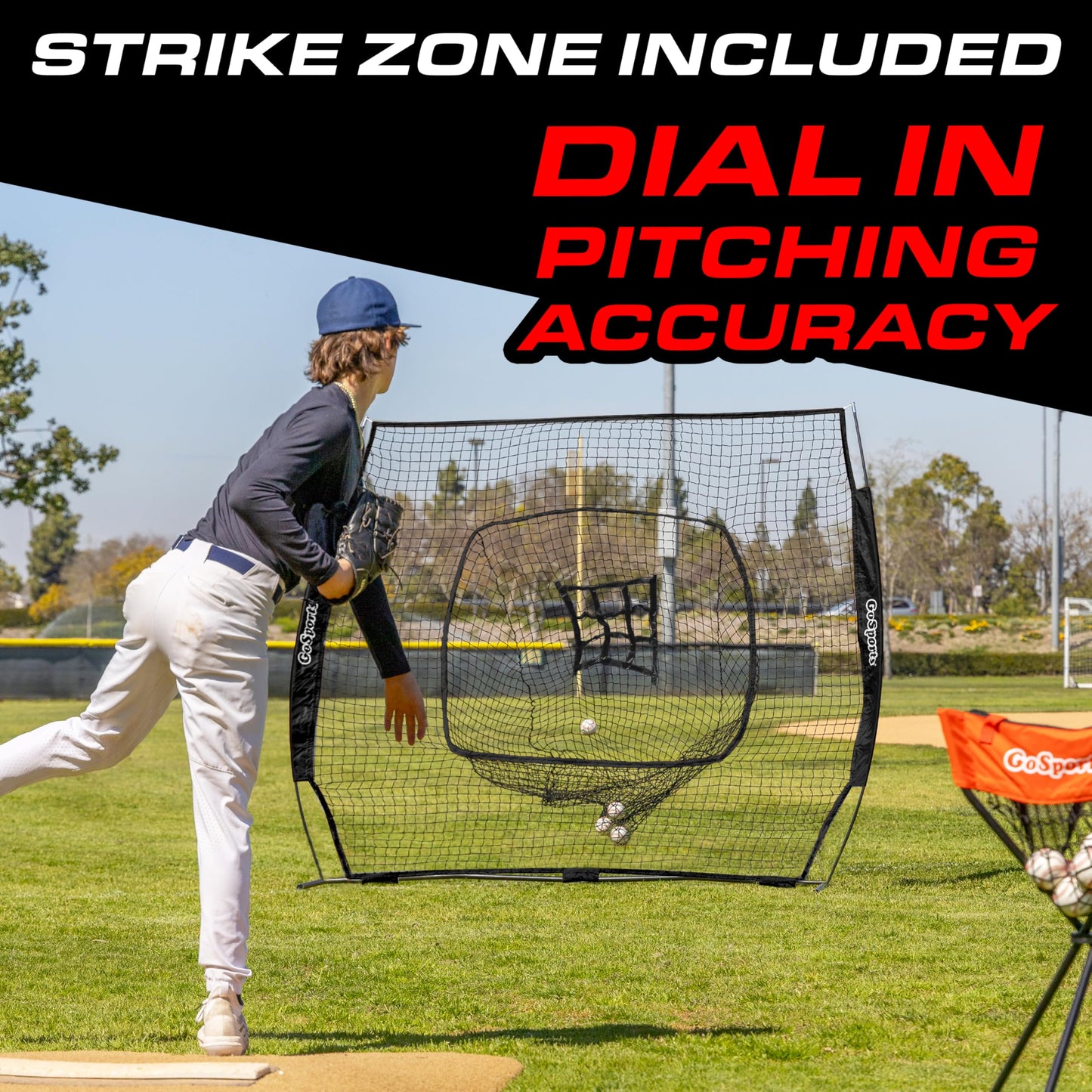 GoSports 7 ft x 7 ft Baseball & Softball Practice Hitting & Pitching Net with Bow Type Frame, Carry Bag and Strike Zone, Great for All Skill Levels