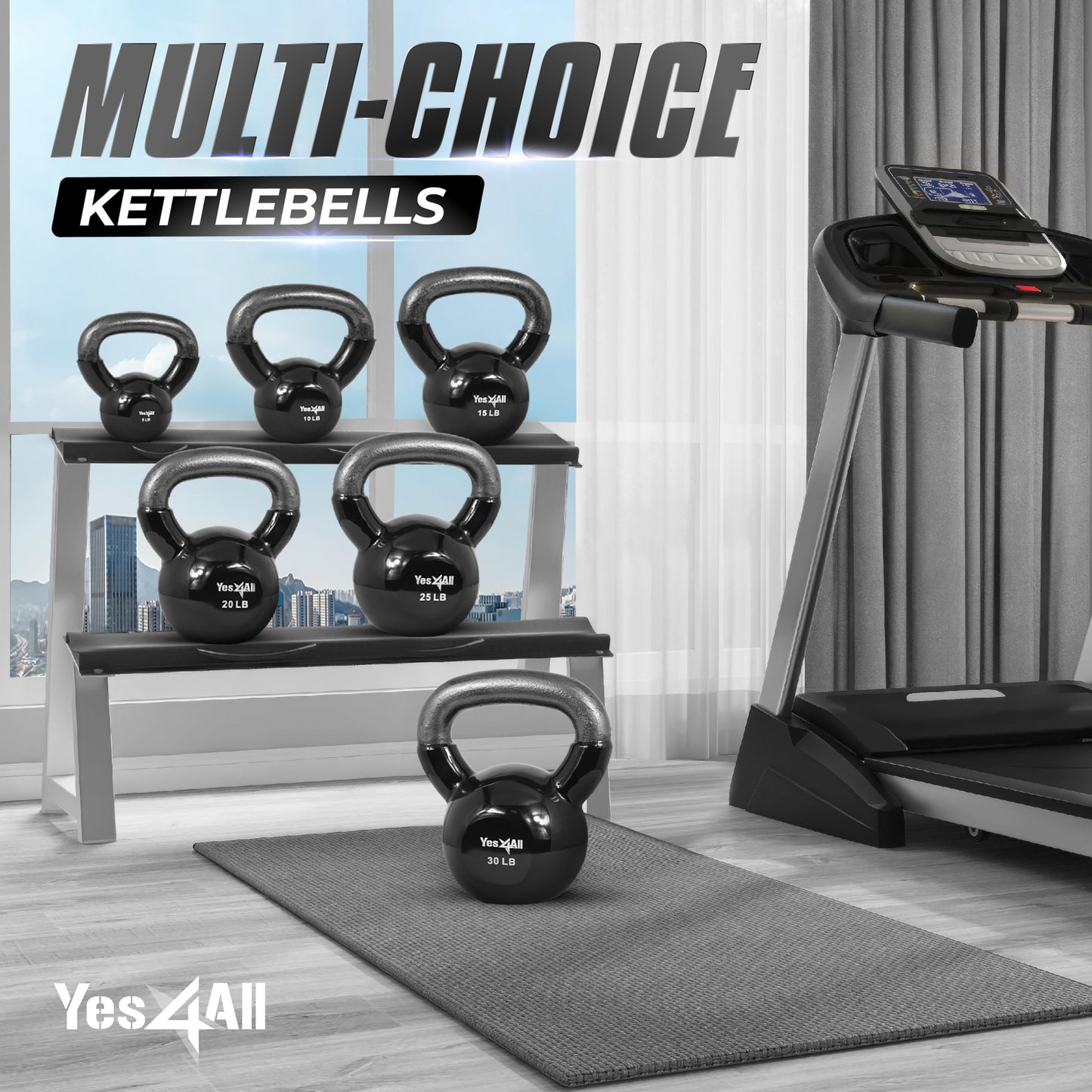 Yes4All Kettlebells 5 10 15 20 25 30 lbs Set Weight Vinyl Coated Cast Iron for Dumbbell Weights Exercises, Gym, Fitness, Full Body Workout Equipment Push up, Grip and Strength, Black