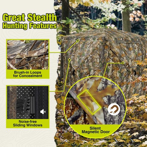 TIDEWE See Through Blind 270°with Silent Magnetic Door & Sliding Windows, 2-3 Person Pop Up Ground Blind with Carrying Bag, 300D Portable Resilient Tent(Camouflage)