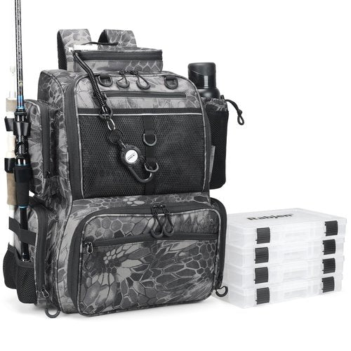 Rabjen Fishing Tackle Backpack with Rod Holders, Bottle Holder, Storage Bag Store Fishing Gear