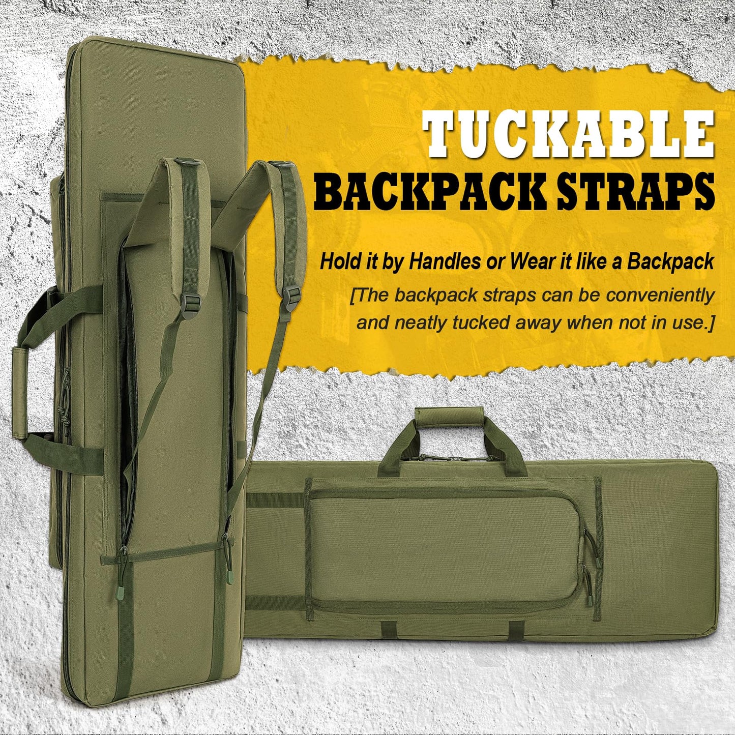 DULCE DOM Double Rifle Case, Soft Tactical Backpack for Hunting Shooting Range, Dual Storage Gun Bag for 2 Rifles & Pistols with Lockable Zippers & MOLLE System(Green, 42", Stowaway Backpack Straps)