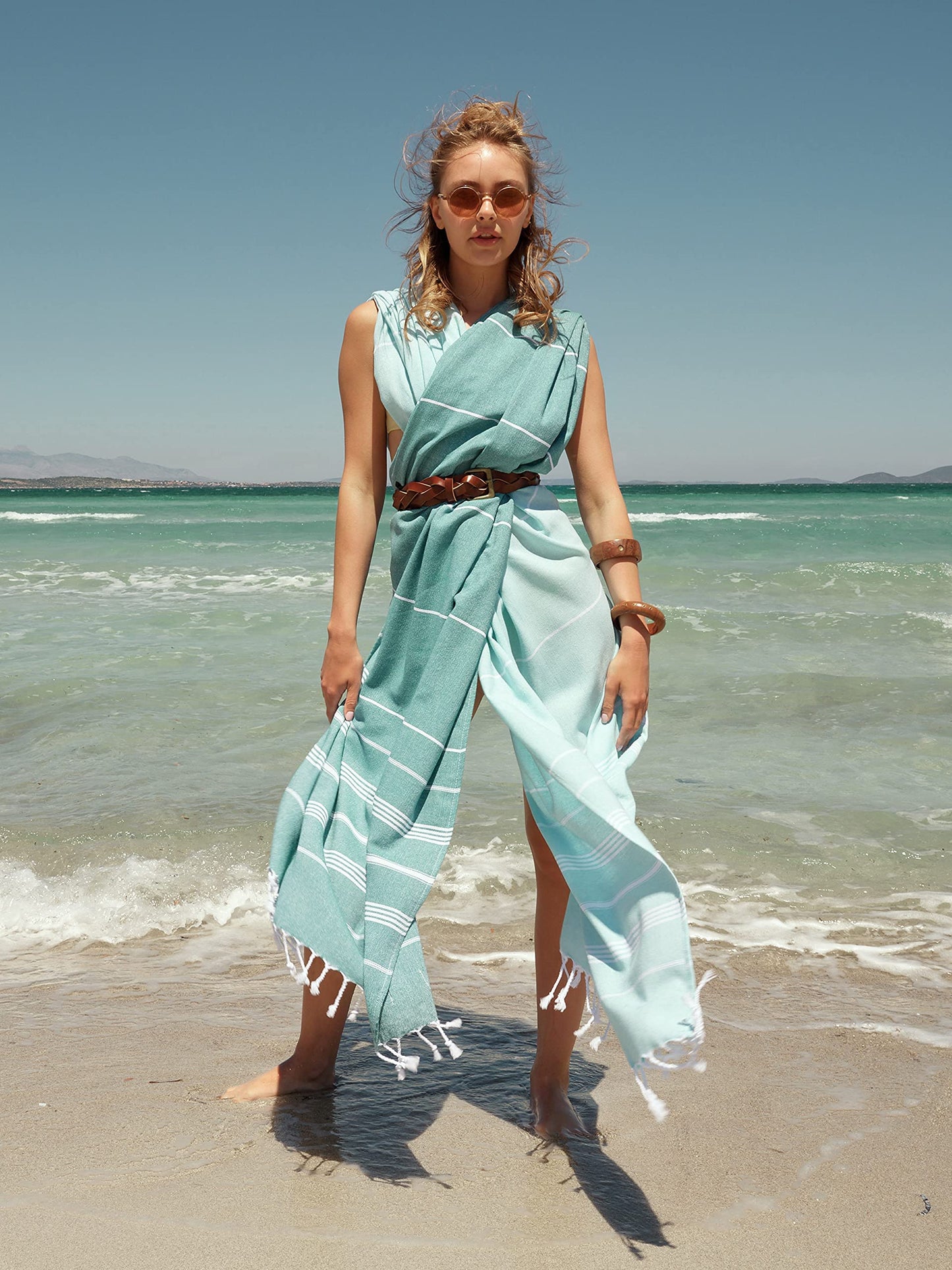 BAY LAUREL Turkish Beach Towel with Travel Bag 39 x 71 Quick Dry Sand Free Lightweight Large Oversized Towels Light - (Aqua with Mix Blue)