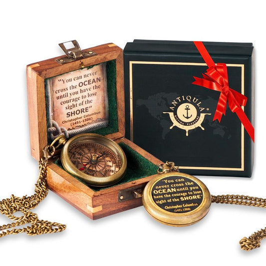 Antiqula Brass Compass with Wooden Box - Graduation Gifts, Pirate Accessories & Baptism Gift for Boys, Steampunk Travel Decor Compasses for Missionary, Inspirational and Sentimental Compass