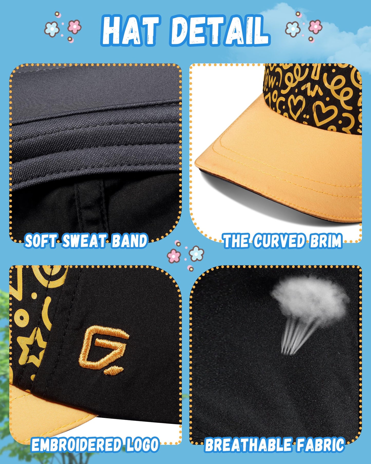 GADIEMKENSD Toddler Baseball Hat with Kaleidoscope Pattern, UV Protection Baby Sun Cap for Kids, Breathable Toddler Baseball Caps for Boys Girls Summer Beach School Yellow Black 4-9Y