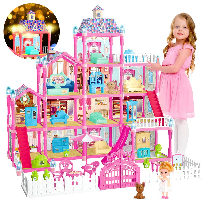 OCTERIC Doll House for Girls,13 Rooms Dollhouse with 2Dolls Figure, Lights, Puppies,Furnitures, Accessories, Toddler Playhouse Gift for for 3 4 5 6 7 8 9 10 Year Old Girls Toys (Pink)