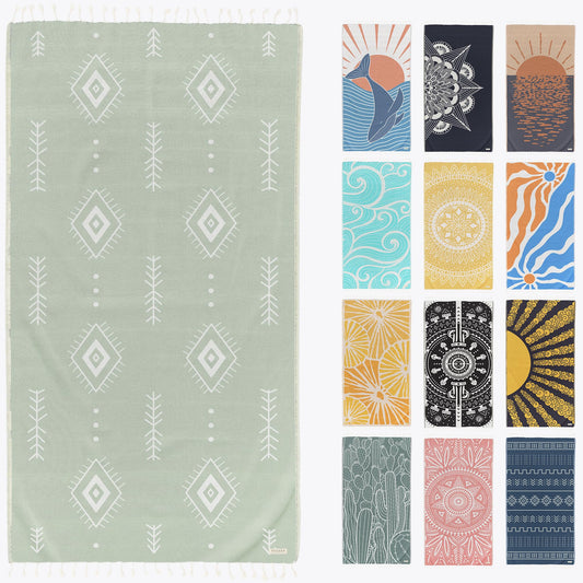 FESHKA Sand Proof Turkish Beach Towel – Oversized, Quick Dry & Lightweight Travel Towel - 100% Organic Cotton Beach Blanket - Perfect for Bath, Pool & Picnic | Cat Eye (Light Green)