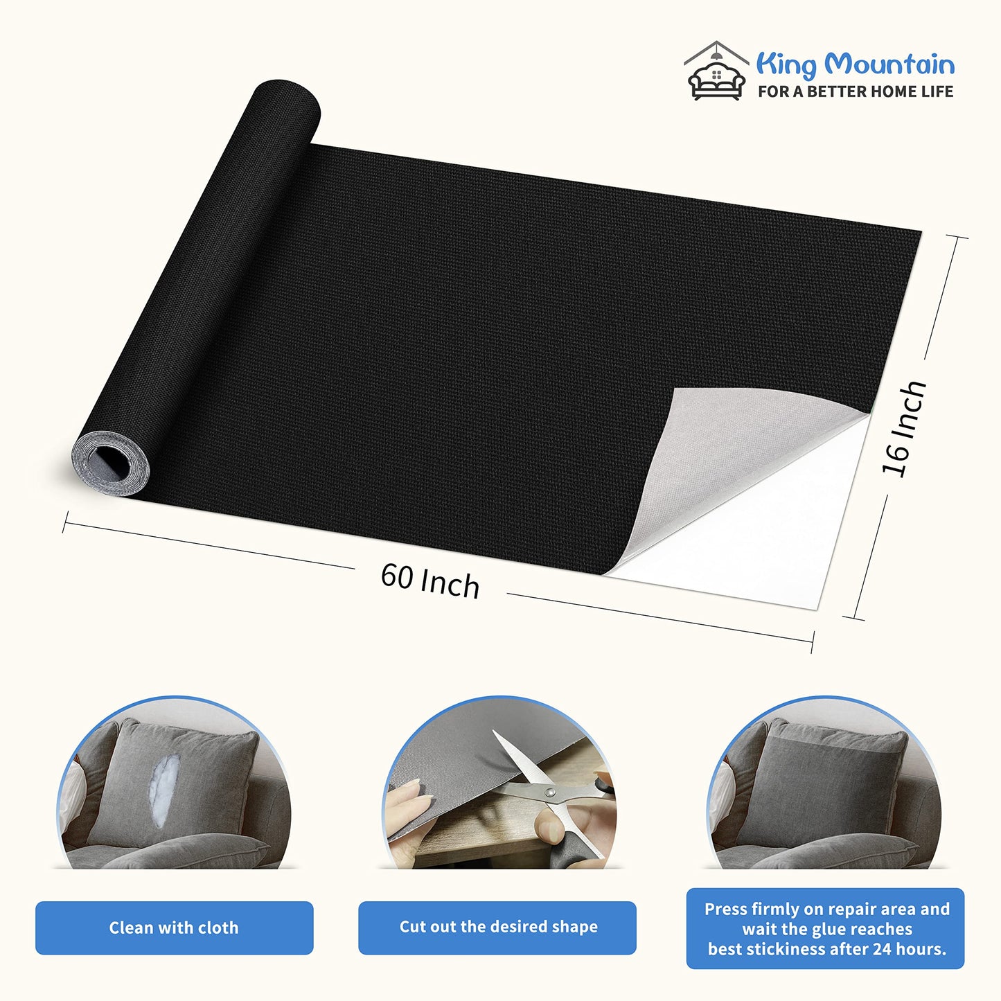 KING MOUNTAIN Canvas Repair Patch 16×60 Inch Self-Adhesive Waterproof Fabric Patch for Sofas, Tents, Furniture,Tote Bags, Car Seats (Black)